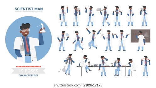 African American Black Scientist Man Poses Illustration Set. Cartoon Male Character Working In Scientific Research Laboratory, Holding Lab Flask Tube, Model Of Atom, Science Work Posture