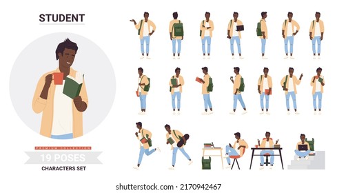 African american black student young man poses infographic illustration set. Cartoon student guy holding coffee cup, posing with book study, walking with backpack, running skateboard isolated - Powered by Shutterstock