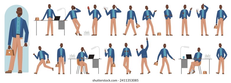 African american black teacher business man poses illustration set. Cartoon smiling male school teacher character posing work pupils students, teaching postures lecture lesson isolated set - Powered by Shutterstock