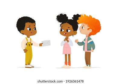 African american boy holding an envelope in his hand. Multicultural children talk to each other. School boy say hello to his new friends - Powered by Shutterstock