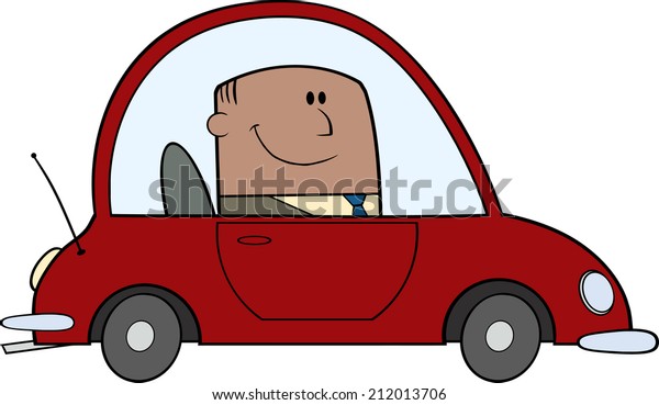 African American Businessman Driving Car To\
Work Cartoon\
Character