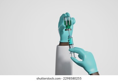 African american doctor in rubber gloves holding vaccine bottle and syringe on white background.  Antiviral vaccine for coronavirus covid-19 or influenza in health care. 3d render illustration - Powered by Shutterstock