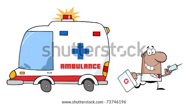 African American Doctor Running With A Syringe\
And Bag From\
Ambulance