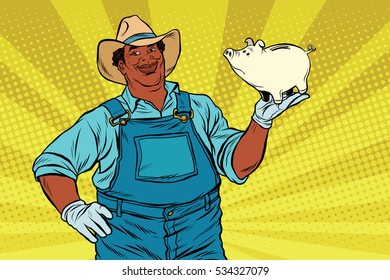 African American Farmer With A Pig-piggy Bank, Pop Art Retro  Illustration