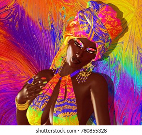 African American Fashion Beauty. A stunning, colorful,3d render image of a beautiful woman with matching makeup, accessories and clothing against an abstract background. - Powered by Shutterstock