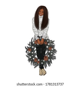 African American Girl With Christmas Wreath Isolated On A White Background Hand Drawn Dark Skin Toned Women Illustration	 - Powered by Shutterstock