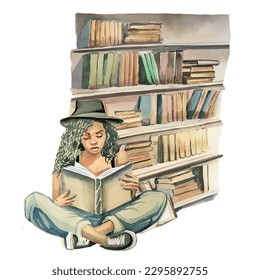 African american girl reads a book in front of book shelves. Watercolor hand painted woman reading a story. Book lover concept. Book reader design. Bookworm illustration. - Powered by Shutterstock