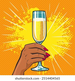 African american girls hand holding a glass of champagne. Fast food vector illustration in pop art retro comic style - Powered by Shutterstock