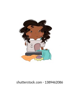 African American Hair Girl Working On A Sewing Machine Isolated On A White Background Girl Sews A Dress Hand Drawn Illustration - Powered by Shutterstock