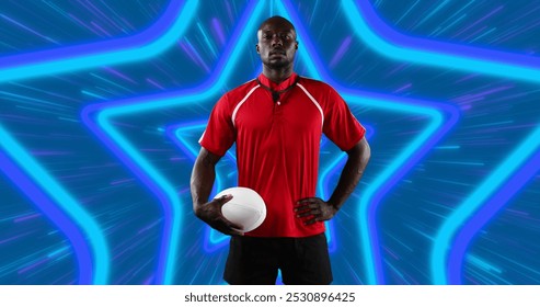 African american male rugby player holding rugby ball against neon star shapes in seamless pattern. sports and technology concept - Powered by Shutterstock