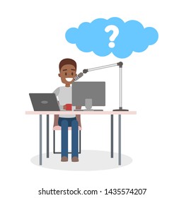 African american man making podcast and talking on the microphone. Radio and broadcast. Male DJ having fun. Guy ask a question with speech bubble. Flat illustration - Powered by Shutterstock