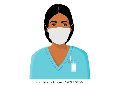 African American Nurse. Young Dark Skin Female Hospital Worker In Uniform With Mask.