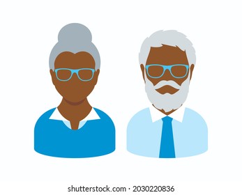 African American Senior Man And Woman Face Avatar Icon Set. Elderly Senior Couple Illustration. Older Business People Icon Set Isolated On A White Background