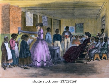 African American Students In A Freedman's Bureau School In Richmond Virginia During Reconstruction 1866 Wood Engraving With Modern Watercolor.