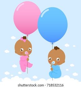 African American Twin Babies Holding Balloons In The Sky.