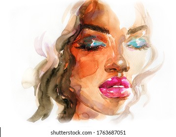 African American Woman. Beauty Fashion Illustration. Watercolor Painting
