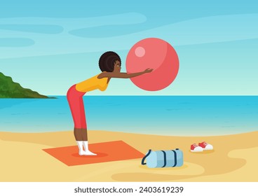 African american woman doing training fitness exercises with ball on the sea beach illustration - Powered by Shutterstock