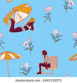 African American women relaxing on the beach. Black girlfriends sunbathing on the sea illustration. Friends relaxing under a sun umbrella. Summer light blue resort pattern wallpaper. - Powered by Shutterstock - Get 15% off with code: PIKWIZARD15