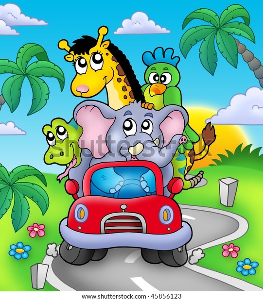 African
animals in car on road - color
illustration.