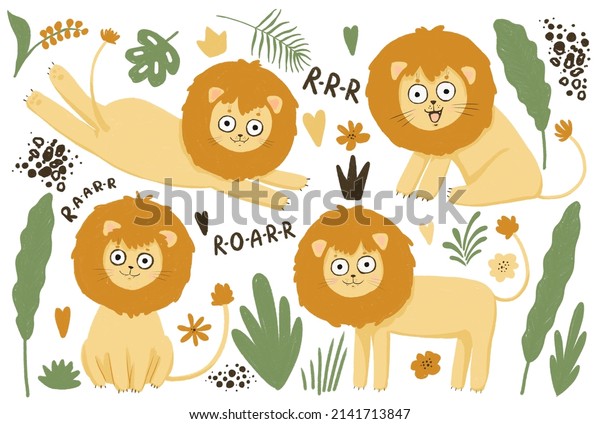 African animals, lions. Doodle style, flat cartoon safari animals set. Isolated elements on a white background. Children's cartoon drawing.