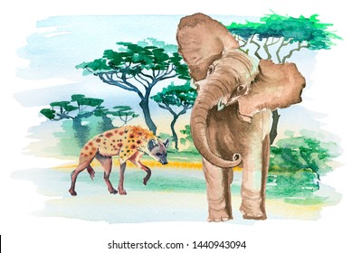 African Animals Poster. Watercolor Illustration Colored Landscape Nature Of Savanna With Elephant And Hyena Print.