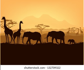 African Animals Silhouettes Sunset Stock Illustration 132709322 ...