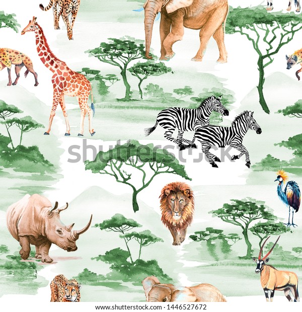 アフリカの動物は 象 キリン アンテロープ ハイエナ ヒョウ ライオン ゼブラ 鳥に壁を張っています サバンナ 自然の風景を木で彩ったシームレスな模様の水彩イラスト のイラスト素材