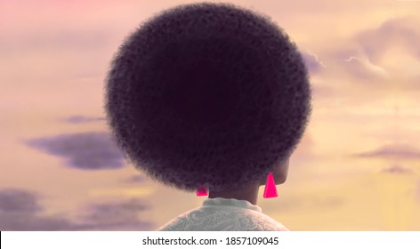 African Black Woman With Afro Hairstyle Looking At The Sky. Dream Freedom And Life Concept. Fantastic Artwork, Conceptual Illustration, Fashion Art Painting