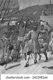 African Captives Fight Against A 18th Century The Slave Ship Crew. Captives Greatly Outnumbered The Ships' Crew And Rebellions Occurred On About 10% Of Slave Voyages. Engraving From Late 19th Century.