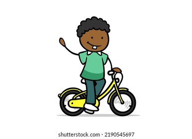 African Cartoon Child Waving While Riding A Bicycle On A Yellow Children's Bike