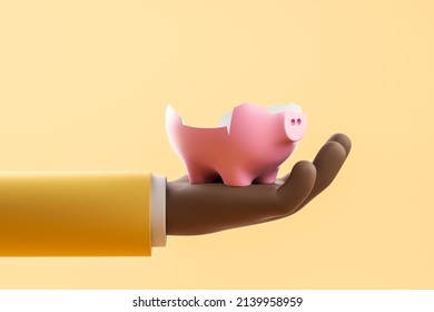 African cartoon hand show broken piggy bank on yellow background. Concept of crisis and default. 3D rendering