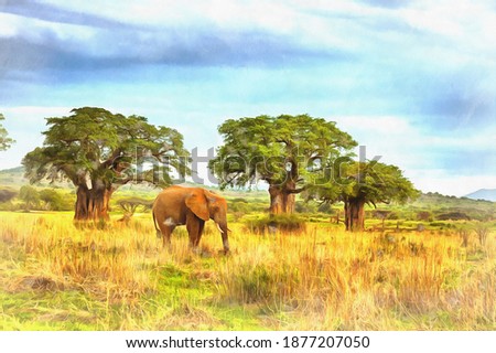 African Elephant, Loxodonta africana colorful painting looks like picture, Tanzania, East Africa.