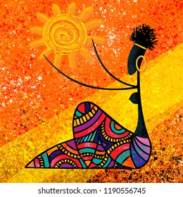 African Girl Holds The Sun Digital Painting Canvas Artwork Original In Warm Colors