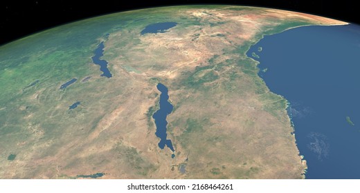 African Great Lakes In Planet Earth,  Aerial View From Outer Space. 3d Rendering