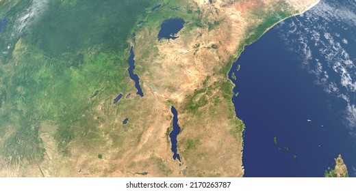 African Great Lakes In Planet Earth,  Aerial View From Outer Space. 3d Rendering