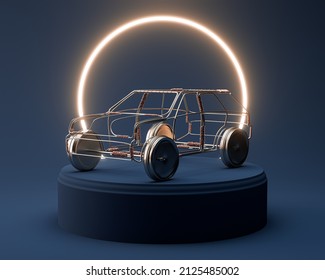 An african homemade wire vehicle for children on a round blue stage lit by a circular neon back light  - 3D render