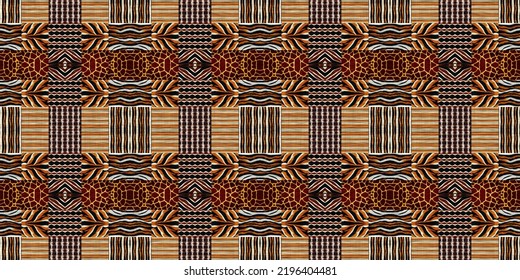 African kente cloth patchwork effect border pattern. Seamless geometric quilt fabric edging trim background. Patched boho rug safari shirt repetitive ribbon endless band.