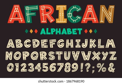 African Letters. Hand Drawn Ancient Tribal Font, Decorative Aztec, African And Hawaiian Ethnic ABC Alphabet Isolated  Illustration Icon Set. Latin Or English Letters, Numbers And Marks