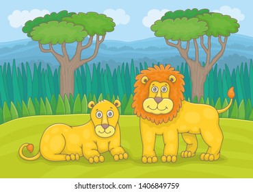 African Lions Couple Funny Cartoon Stock Illustration 1406849759