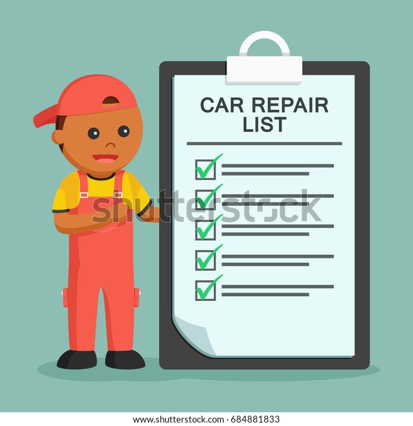 african mechanic with\
repair list\
clipboard