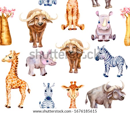 The African pattern. Repeating seamless background. African animals on a white background. The picturesque watercolor illustrations. Bright colorful picture. A hand- drawn image.