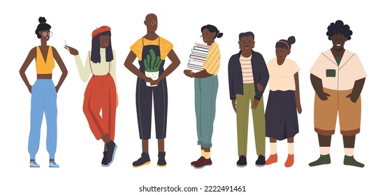 African people standing set illustration. Cartoon young woman smoking cigarette, girl in glasses, afro student holding books, guy with garden plants in hands, elderly couple isolated on white - Powered by Shutterstock