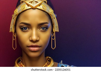 African Queen, Wearing A Crown, Jewels And Precious Ornaments. Beauty, Portrait, 3D Design. Photo Realistic, Concept Art, Cinematic Light, Background, Wallpaper, Illustration