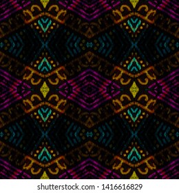 African repeat pattern. American seamless print. Mexican geometric backdrop. Indian style. Fashion textile texture. Vintage boho print. Black, gold, pink, cyan, green african repeat pattern.