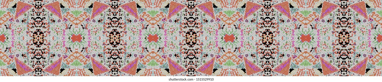African repeat pattern. American seamless print. Fashion mayan print. Boho design. Indian style. Indian design. Tribal texture. Mayan fabric. White, blue, pink, yellow, red african repeat pattern.