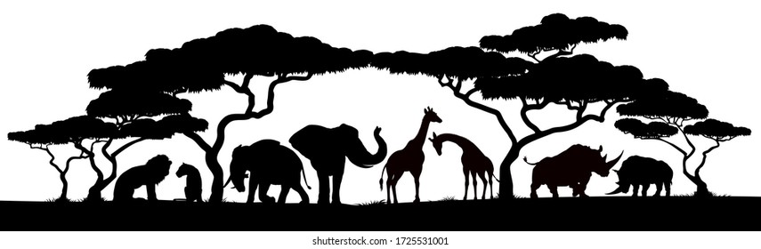 African Safari Animals And Trees In Silhouettes Scene