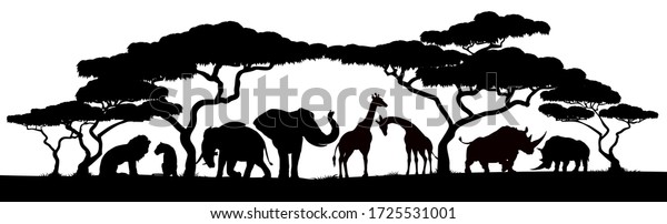 African safari animals and trees in silhouettes scene. Animal wallpaper for walls. 