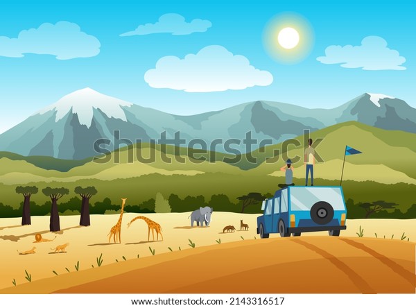 African\
safari flat banner concept. Tourists on car taking photos of\
cartoon characters. Tropical tourism, exotic recreation poster.\
Wilderness savannah exploration\
illustration