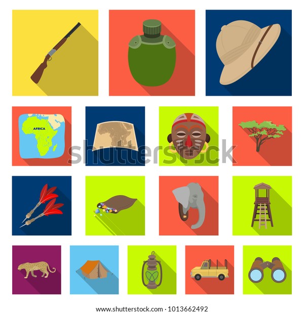 African Safari flat icons in set collection\
for design. Trophies and equipment for Safari bitmap symbol stock\
web\
illustration.