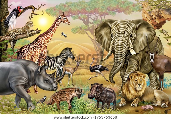 African savannah animals: rhinoceros, raven, lapwing, hyena, weavers, ostrich, leopard, warthog, oryx, gazelle, digger, stork, elephant, zebra, giraffe, lion, realistic drawing